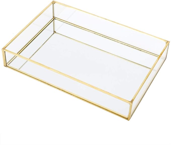 Gold Perfume Tray, Rectangle Decorative Glass Mirror Vanity Tray Jewelry Photo Display Organizer for Trinket Cosmetics Makeup Bathroom Bedroom Home Table Decorative (L)