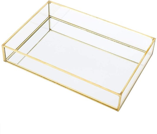 Gold Perfume Tray, Rectangle Decorative Glass Mirror Vanity Tray Jewelry Photo Display Organizer for Trinket Cosmetics Makeup Bathroom Bedroom Home Table Decorative (L)