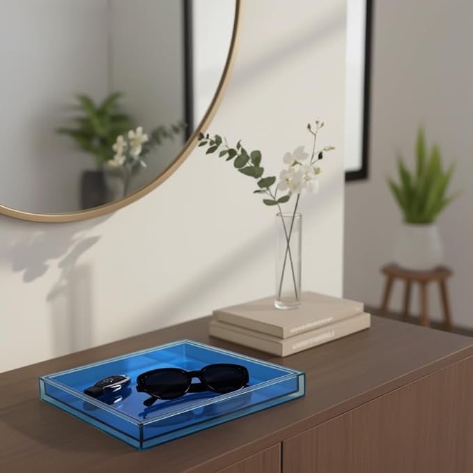Creative Acrylic Decorative Tray, 10"x10" Modern Decorative Trays Jewelry Perfume Makeup Organizer Clear Square Bathroom Sink Vanity Tray for Bathroom, Vanity, Serving, Coffee Table, Living Room