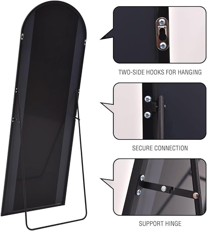 DMWOODFL 58"x18" Arched Full Length Mirror - Wall/Floor Mounted with Stand, Shatter-Proof Glass & Aluminum Frame, Large Body Mirror for Bedroom, Living Room, Entryway or Cloakroom, Black
