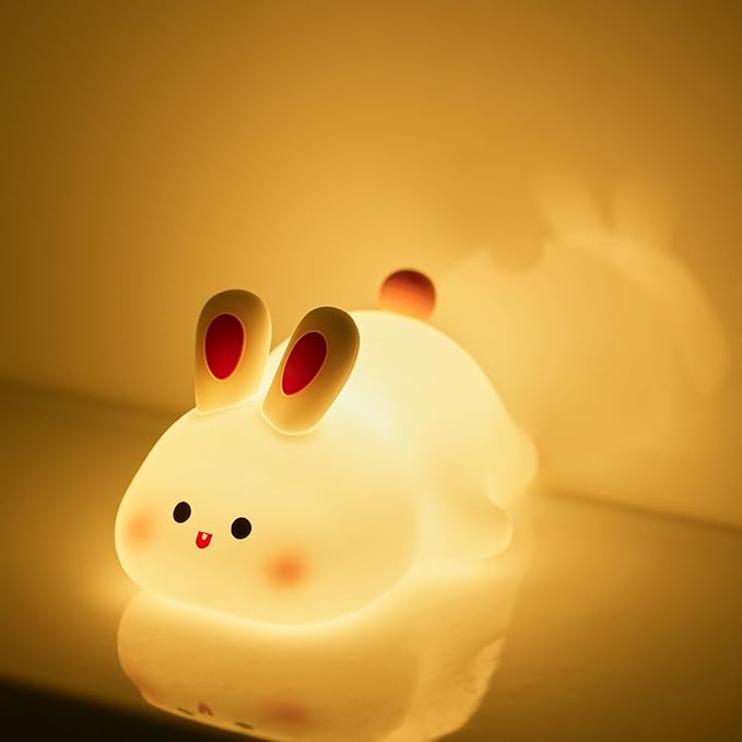 Night Light for Kids, Chubby-Faced Rabbit lamp 3-Level Dimmable USB Rechargeable Lamp with Timer, Soothing Animal Toy for Nursery Bedroom Dorm Decor, Gift for Boys Girls Teens Adults