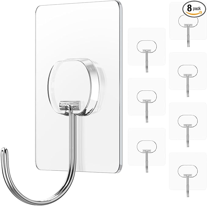 JINSHUNFA Adhesive Wall Hooks 13LB Heavy Duty No Drill Large Transparent Waterproof Hooks for Bathroom Kitchen Towel Coat 8 Pack