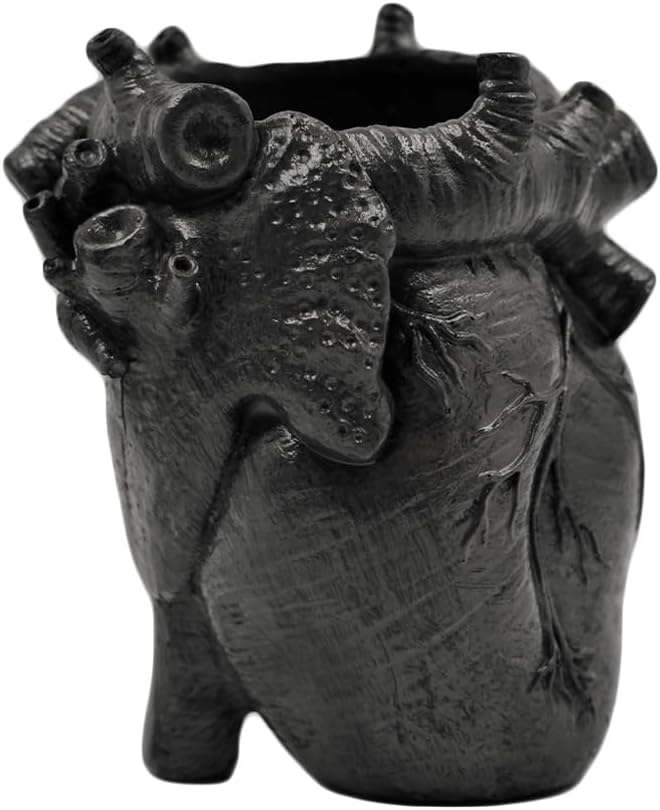 Small Human Heart Organ Shape Pen Holder Home Office Desk Storage Resin Decor, Makeup Brush Holder, 4.1" x 3.5", Black