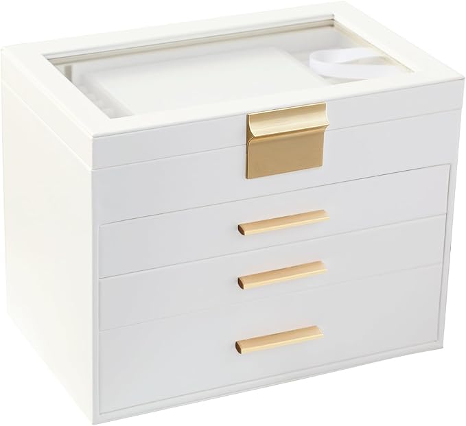 BOOVO Jewelry Boxes for Women, White and Black 6 Layer Large Jewelry Box for Necklace, Bracelet, Earrings, Rings Storage, Jewelry holder Organizer for Girls Gift (Clear White, 4 layer)
