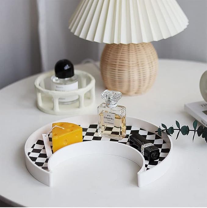 Ciandid Checkered Moon Shape Jewelry Tray - Decorative Organizer for Makeup, Perfume, Dresser, Vanity, Bathroom, Coffee Table, Ottoman