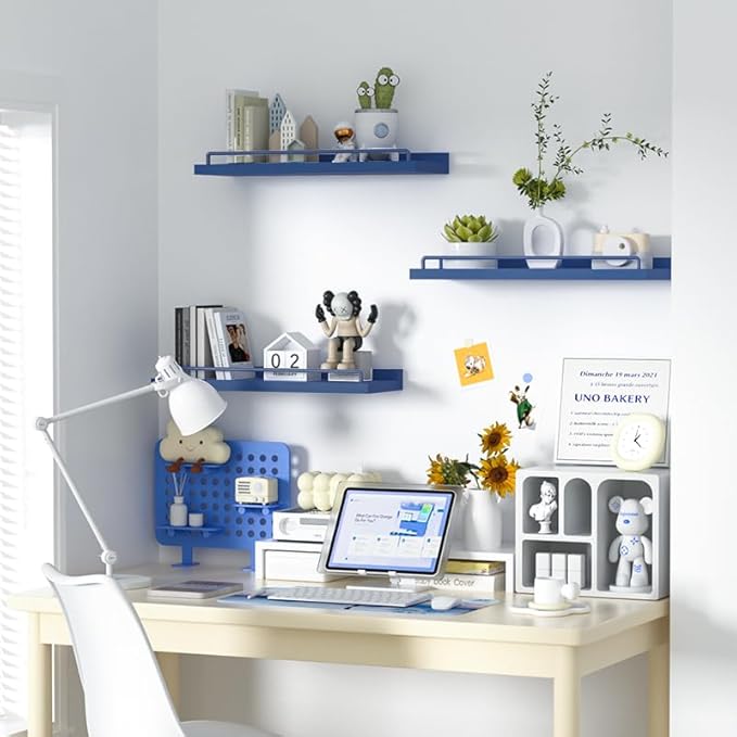RYOFOBETTO Floating Shelves, Bathroom Decor Shelves Over Toilet, Farmhouse Wall Shelves for Living Room, Bedroom, Picture Frames, Plants, Kitchen, Set of 3 (Dark Blue)