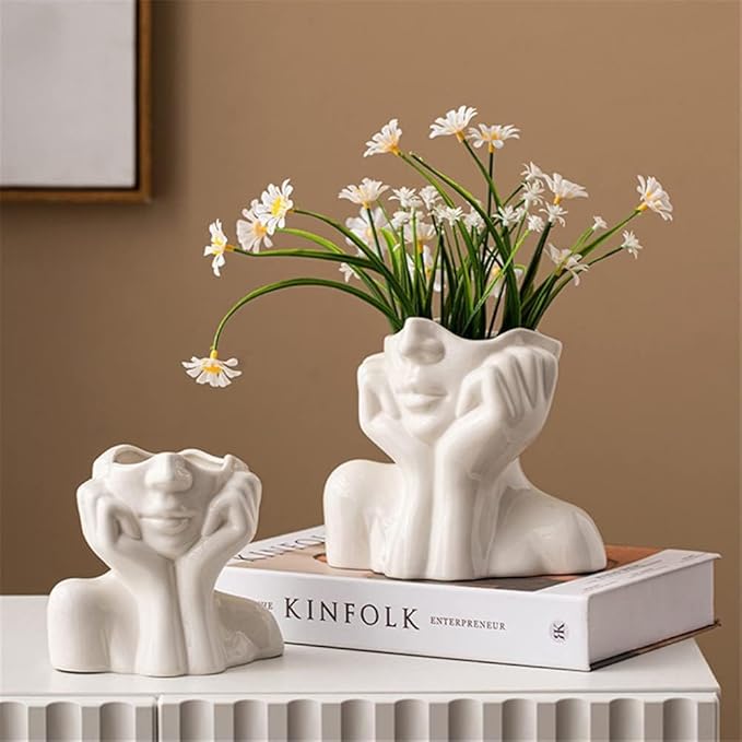 Face Vase – Small Human Body Art Vase in Resin,Women’s Head Shape for Flowers, Makeup Organizer & Desk Decor (White)