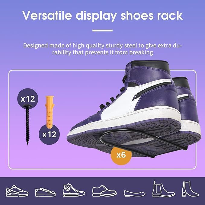 J JACKCUBE DESIGN Black Metal Floating Shoe Display Shelves for Wall Mount, Set of 6 Sneaker Showcase Organizer Rack Display -MK1068A