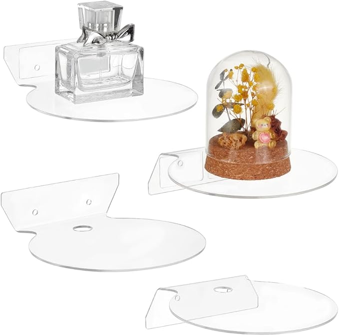 AHANDMAKER 4Pcs Acrylic Floating Shelves, 5" Clear Small Acrylic Wall Shelves, Mini Collectibles Organizers, with Adhesive and Screw, Universal Shelves for Security Cameras, Speakers, Makeup, Figures