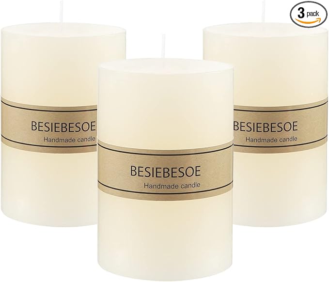 3×4 Ivory Pillar Candles Set of 3 Unscented Handpoured Weddings, Home Decoration, Restaurants, Spa, Church Smokeless Cotton 120 Hour