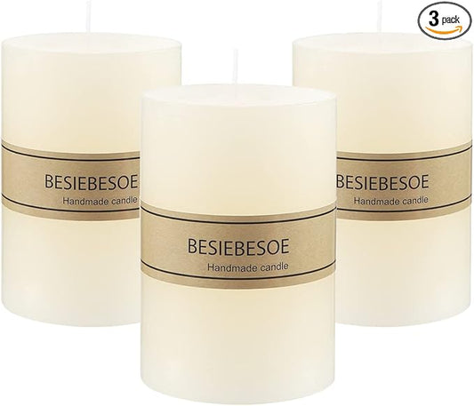 3×4 Ivory Pillar Candles Set of 3 Unscented Handpoured Weddings, Home Decoration, Restaurants, Spa, Church Smokeless Cotton 120 Hour
