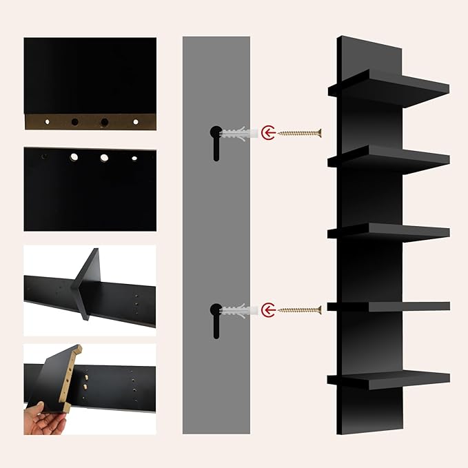 5 Tier Wall Shelf Unit, Decorative Wall Mount Vertical Shelving, Smooth Laminate Finish, Floating Storage Home Decor Organizer Tall Tower Design Utility Shelf for Bedroom Living Room (Black)