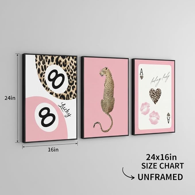 YZLYAD 3Pcs Trendy Pink Leopard Wall Art,Bow Cherry Lips Print Canvas Poster Pictures,Y2k Stylish Preppy Aesthetics Wall Decor for Girls' Rooms Bedroom Dorm Apartment.16x24in Unframed