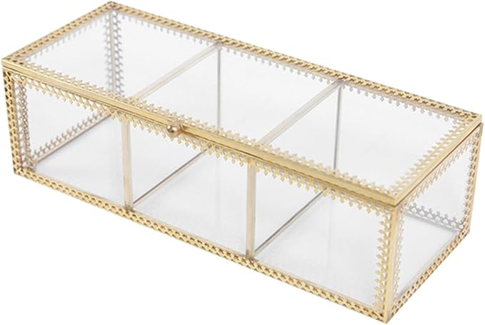 FRCOLOR Jewelry Organizer Box with Glass Lid and Gold Metal Frame Compartment Makeup Organizer Case for Rings Earrings Necklaces Dustproof Decorative Storage for Vanity Desk and Bathroom