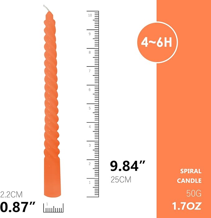 Orange Taper Candles, Spiral Twisted Taper Candles Set of 4, Unscented Taper Candlesticks 10 inch Tall, Home Decor Kitchen Decor Wedding Halloween Decorations