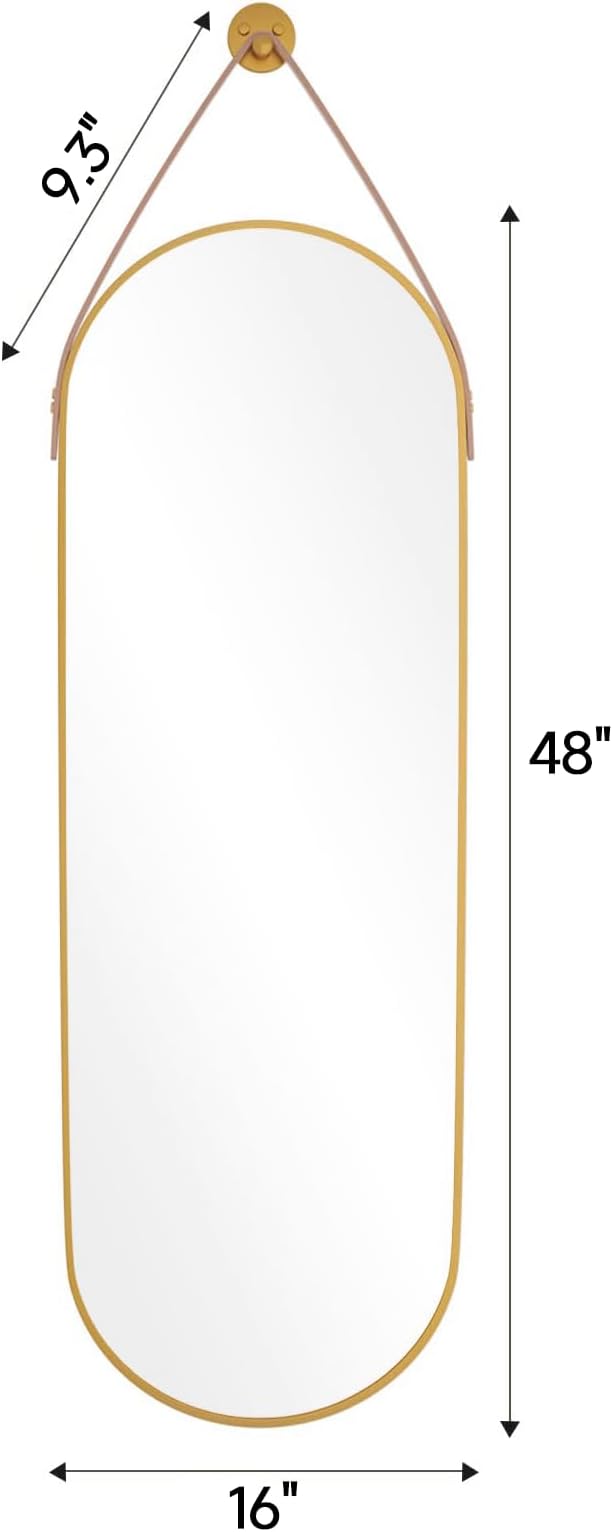 Full Length Mirror, Oval Wall Mounted Mirror, 48"x16" Door Mirrors with Hanging Leather Strap, Wall Mirrors Full Length with Aluminum Frame for Bathroom Living Room Entryway (Gold)