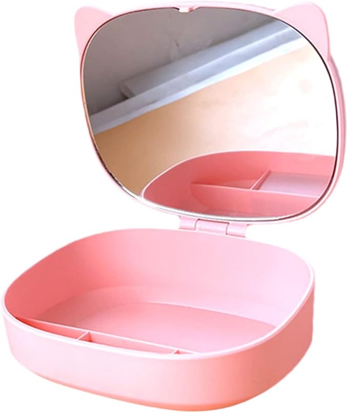 BESPORTBLE Cartoon Cat Ear Jewelry Box with Mirror Cute DIY Makeup Organizer for Boys and Girls Multi-Grid Storage for Earrings and Accessories for Travel and Home Use