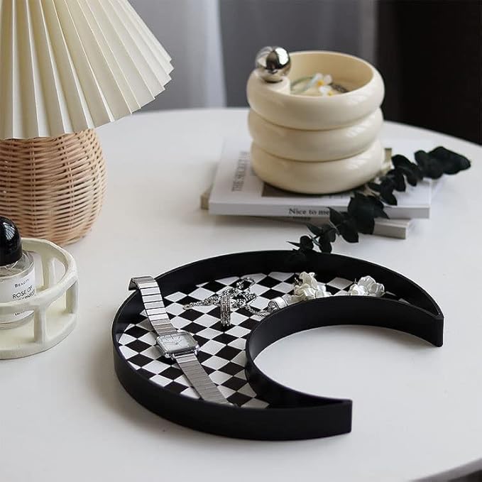 Ciandid Checkered Moon Shape Jewelry Tray - Decorative Organizer for Dresser, Makeup, Perfume - Vanity Tray for Bathroom, Coffee Table, Ottoman