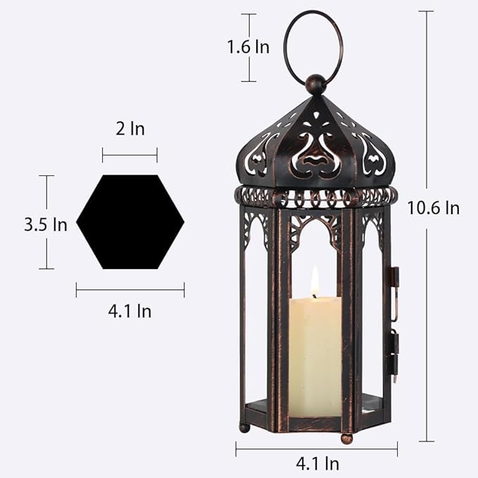DECORKEY Vintage Medium Size Candle Lantern Decorative, Moroccan Style Vintage Hanging Lantern with Clear Glass, Metal Tabletop Lantern Decor, Indoor Outdoor Candle Holders for Coming Season