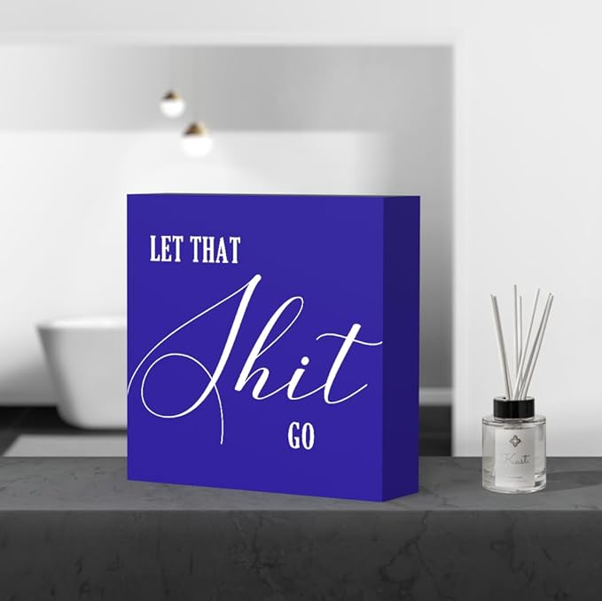 Funny Bathroom Decor Blue Wood Box Sign, Humorous Farmhouse Toilet Sign with Quote, Restroom Shelf Decor for Guest Bath, Tabletop Countertop