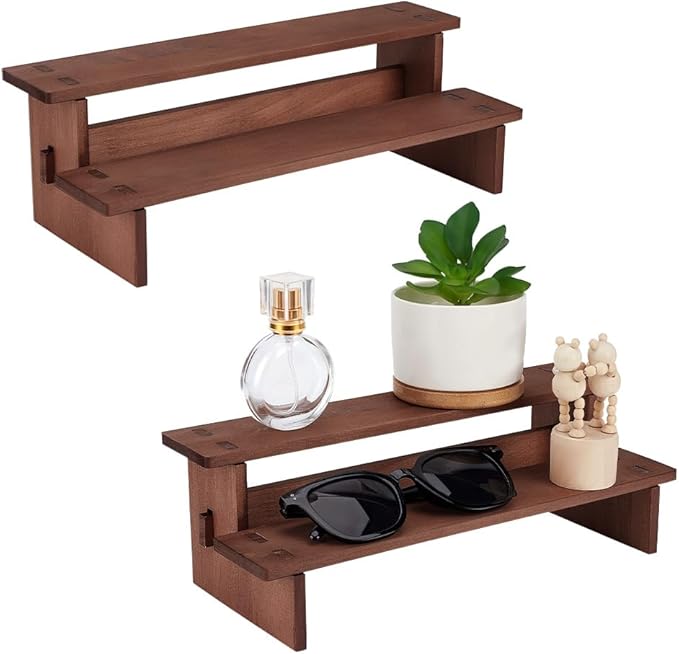 NBEADS 2 Sets 2-Tier Wooden Display Riser Shelf, 11.65x4.69x3.78inch Camel Tabletop Small Food Stand Risers Display Makeup Step Perfume Organizer for Fragrance Cosmetics Figure Collection