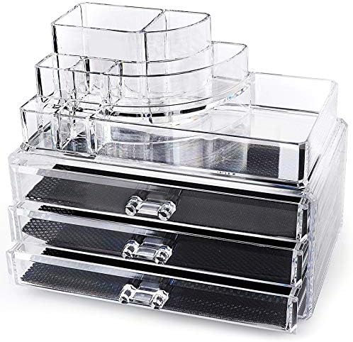 SciencePurchase Clear Acrylic Makeup Organizer with 3 Large Drawers and Removable Top Storage for Lipstick and Cosmetics - See-Through Jewelry Chest Case Holder