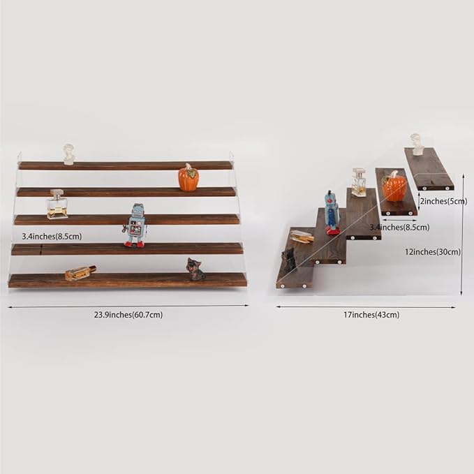 1 PACK Extra Large 5 Steps Display Shelf Stand 24*17*12 inches Clear Acrylic Riser Shelves Wood Acrylic Storage for Figure Collection Cupcake Desserts Holder Cologne Organizer for Men (Brown)