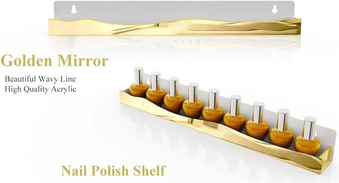 6 Pack Nail Polish Wall Rack Mirror Gold Acrylic Wall Mount Ledges with Stopper 15 Inch Kids Bookshelf Tattoo Ink Essential Oils Figurine Display Shelves Spice Rack for Salons Retailers Home