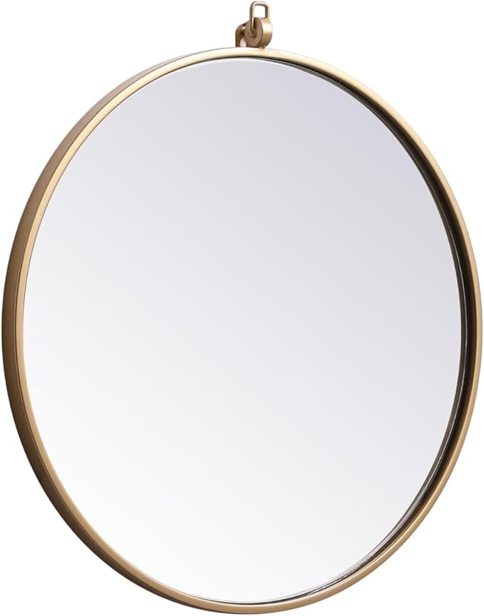 Brilliance, Metal Frame Round Mirror with Decorative Hook 21 Inch in, Midcentury Modern, Brass