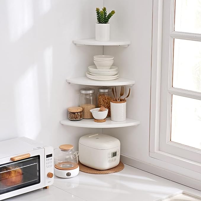 Corner Shelf, White Solid Oak Wood Floating Corner Shelf Wall Mount Round End Floating Speaker Shelf Display Shelf for Small Plant Photo Frame (White, 16in)