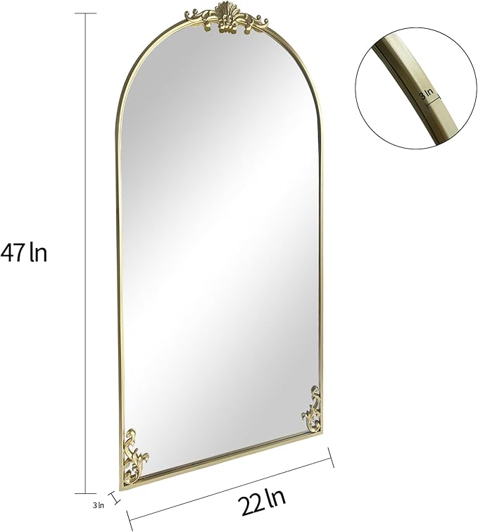 POZINO Gold Arched Mirror, 22"x47" Ornate Carved Mirrors, Vintage Arch Mirror with Metal Frame, Large Elegant Decorative Mirrors for Living Room Mantel Bathroom Bedroom Entryway