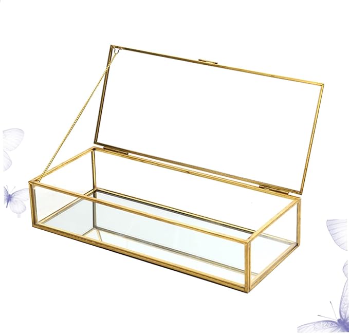 Uonlytech Vintage Geometric Glass Jewelry Storage Box with Golden Trim Desktop Organizer for Earrings Rings Necklaces Elegant Display Case for Wedding Favors and Makeup Storage