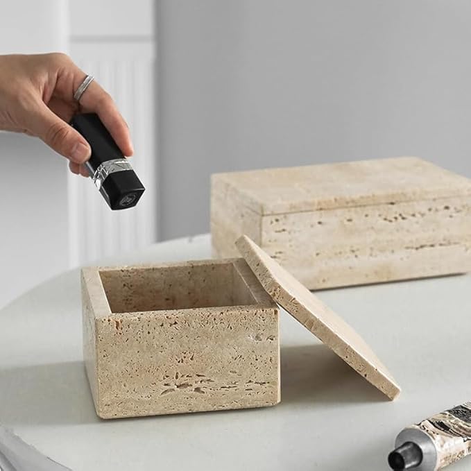 Natural Marble Storage Square Containers Cotton Swab Holder, Organizers with Lids,Travertine Stone Box for Qtips, Makeup, Bathroom Essentials & Home Storage (square box)