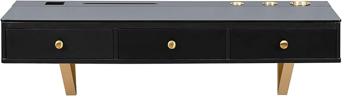 47-Inch Floating Shelf Wall-Mounted Vanity Table with Drawer, Makeup Desk, Closet Organizer, Black, MDF+Glass
