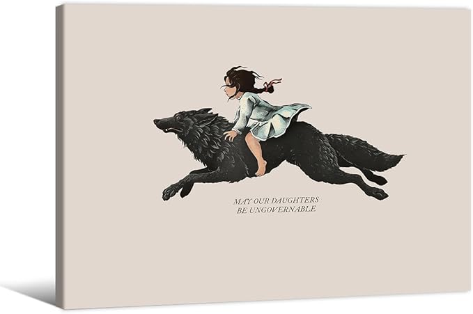 Modern Inspirational Quotes Posters May Our Daughters Be Ungovernable Wall Art 12X16 inch Framed Girl Riding Big Wolf Painting Feminist Positive Affirmations Wall Decor