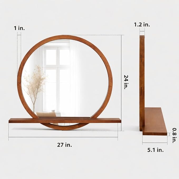 Wall Mirror with Shelf – Wood Circle Mirror for Entryway, Bathroom & Living Room – Unique Elegance & Multifunctional Design – 24 Inch