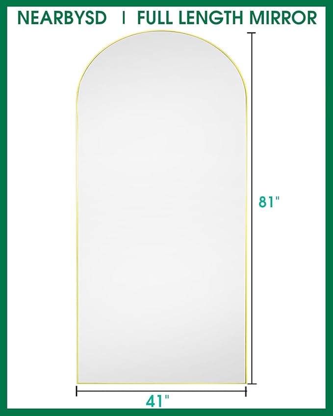 NEARBYSD Arched Full Length Mirror81 x41 Full Body Floor Mirror Standing Hanging or Leaning Wall, Arch Wall Mirror with Stand Aluminum Alloy Frame for Bedroom Cloakroom Gold