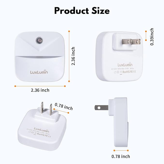 LuxLumin LED Night Lights Plug into Wall with Dusk-to-Dawn Sensor, Automatically Turn on and Off,Night Light for Kids,Bedroom,Bathroom,Stairs, White, 6 Packs