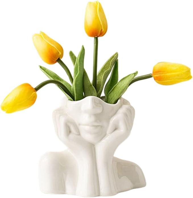 White Ceramic Vase Creative Human Body Art Design Multi Functional Office Desktop Organizer Pen Holder Makeup Brush Holder Home Decor Vase for Flowers Boho Ceramic Vases Stylish Decorative Accent (A)
