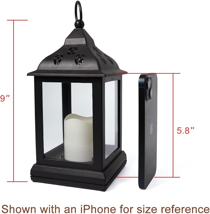 Bright Zeal 2-Pack 9.5" Vintage Decorative Candle Lantern with LED Flickering Flameless Candle (Black, 8hr Timer) - Indoor Hanging Lanterns Decorative Lanterns Battery Powered LED Candle Timer Candle