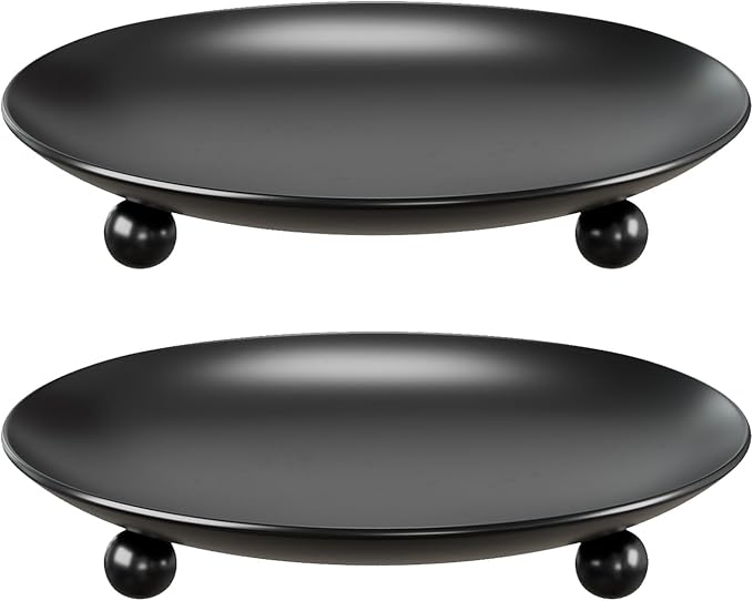 Black Candle Holders for Pillar Candles, Set of 2 Premium Metal Candle Plates Candle Stand for LED or Wax Candles, Decorative Pillar Candle Holder Dish for Table Centerpiece
