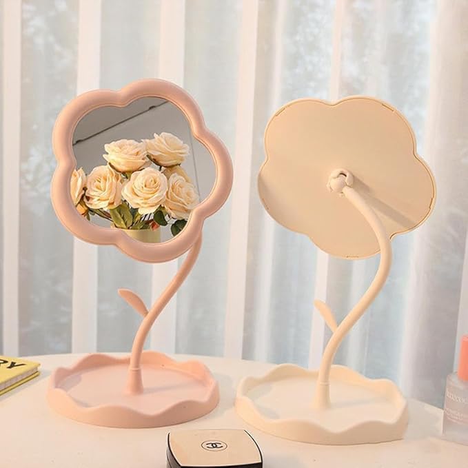 Flower Shape Mirror, Cute Daisy Floral Tabletop Vanity Mirror with Tray, Pink Aesthetic Kawaii Decorative Desk Makeup Organizer, Retro Boho Pastel Room Décor, Pink Color, Set of 1