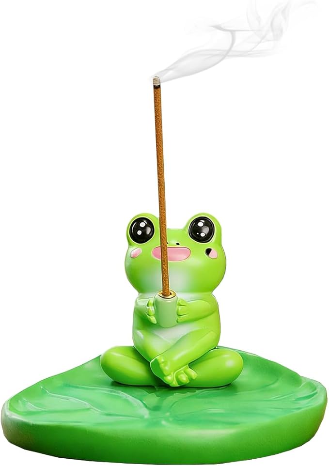 Frog Incense Holder Cute Animal Figurine Incense Burner Ash Catcher Creative Cartoon Resin Frog Green Lotus Leaf Base Statue for Home Room Decor Meditation Yoga Spa