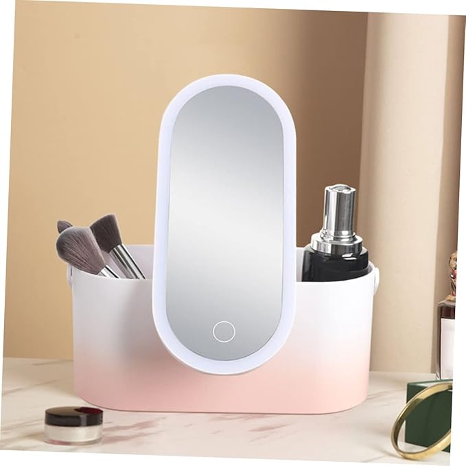 Housoutil Portable Makeup Organizer with Led Mirror Handheld Storage Box for Travel High Definition Rotating Makeup Mirror Sturdy Abs Material for Use