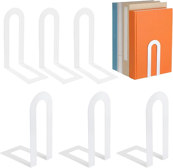 Chunful 6 Pcs White Book Ends for Shelves Modern Metal Bookends Decorative Small Bookends Book Shelf Organizer Minimalist Design Stopper to Hold Books for Home Office (5.5 * 3.75 * 2.25inch)