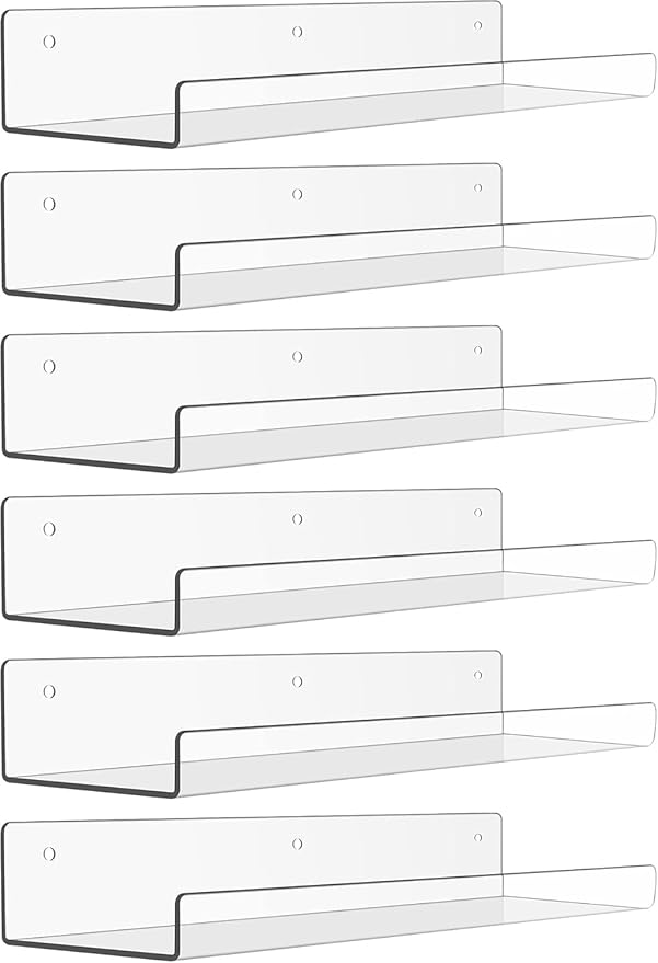 Acrylic Shelves for Bathroom Storage, 15" Floating Shelves Wall Organizer for Perfume, Make up, Skincare, Kids Bookshelf for Bedroom, Nursery, Living Room Decor, Clear 6 Pack