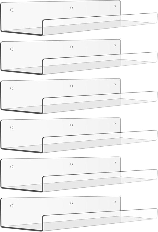 Acrylic Shelves for Bathroom Storage, 15" Floating Shelves Wall Organizer for Perfume, Make up, Skincare, Kids Bookshelf for Bedroom, Nursery, Living Room Decor, Clear 6 Pack