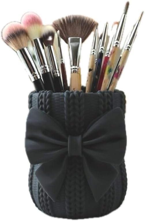Knitted Bowknot Makeup Brush Holder, Cute Bow Vase, Pen Organizer for Kitchen, Bathroom or Office (Black)