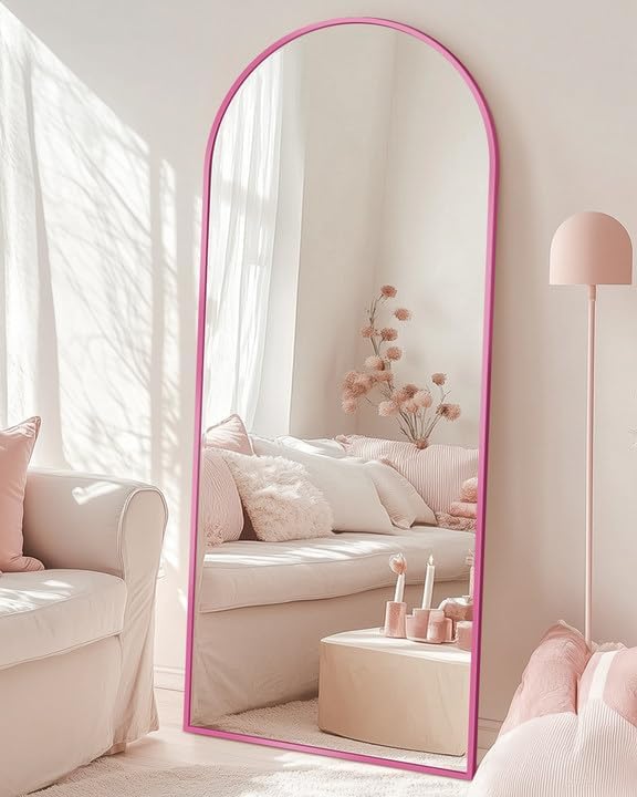 Full Length Mirror, 58"x19" Arched Floor Mirror Freestanding, Floor Standing Full Body Mirror with Stand for Bedroom, Hanging Mounted for Living Room Cloakroom,Pink