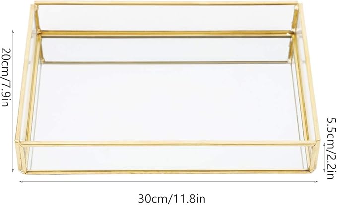 Gold Perfume Tray, Rectangle Decorative Glass Mirror Vanity Tray Jewelry Photo Display Organizer for Trinket Cosmetics Makeup Bathroom Bedroom Home Table Decorative (L)